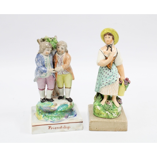 89 - 19th century pearlware Friendship figure group together with another of a flower girl, taller 18cm (... 