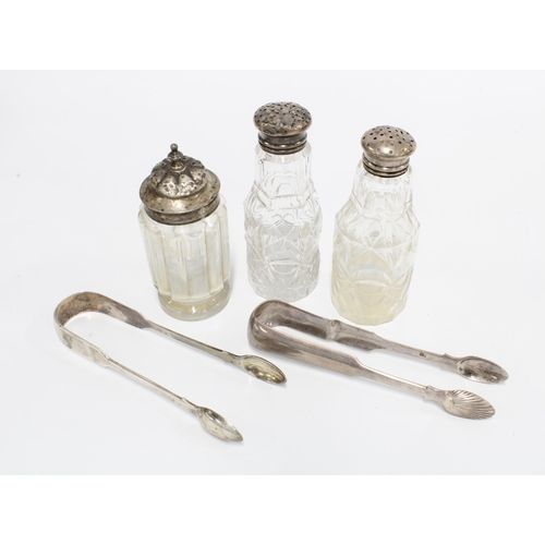 9 - Silver topped glass jar and two with white metal pierced tops, tallest 13cm together with two Georgi... 