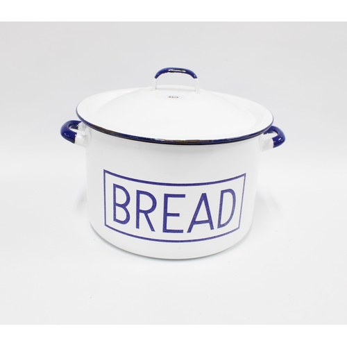 469 - Blue and white enamel 'Bread' bin and cover, 34cm wide including handles