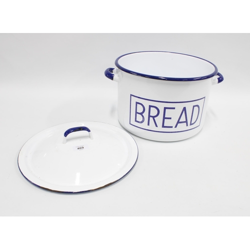 469 - Blue and white enamel 'Bread' bin and cover, 34cm wide including handles