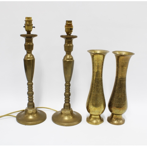 470 - A pair of brass knop stemmed table lamp bases and two Indian brass vases (4)