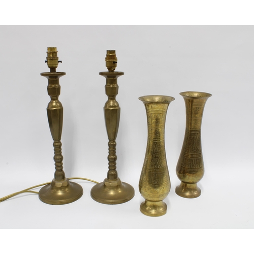 470 - A pair of brass knop stemmed table lamp bases and two Indian brass vases (4)