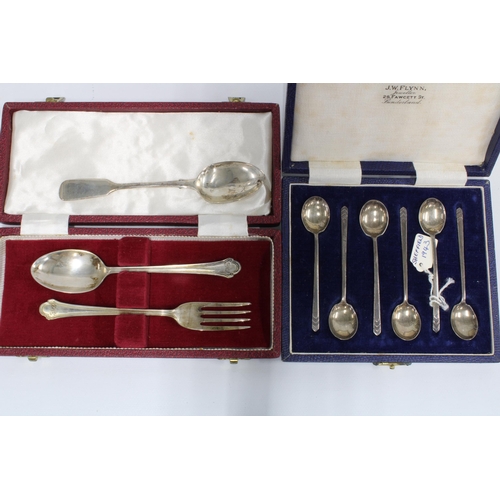 11 - Cased set of six silver teaspoons, Sheffield 1943 together with a cased christening set with fork an... 