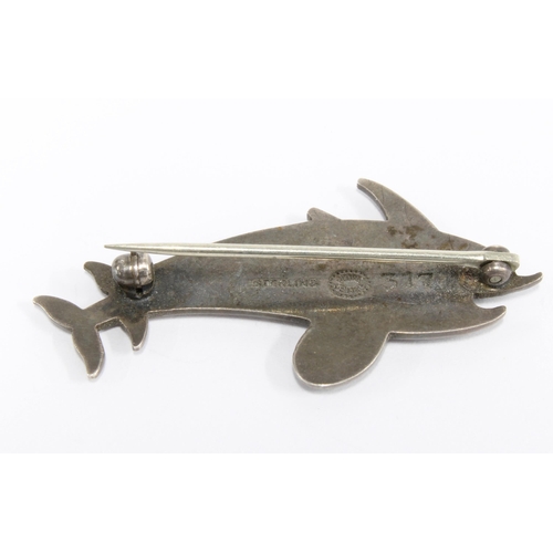 13 - Georg Jensen sterling silver double Hawaii dolphin brooch, designed by Arno Malinowski, stamped make... 