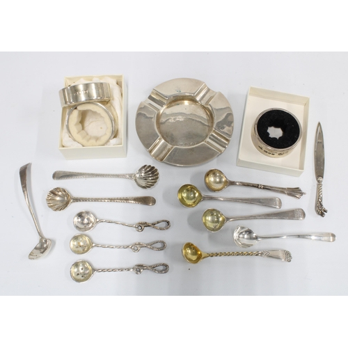 19 - Early 20th century Birmingham silver ashtray,  set of three London silver napkin rings and various s... 