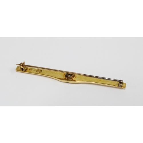 21 - Gold bar brooch, set with a bright cut diamond, with hallmarks but carat mar obscured, likely constr... 