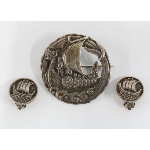 28 - Vintage Scottish silver Viking Longboat brooch, Glasgow 1950, together with a pair of Iona silver ea... 
