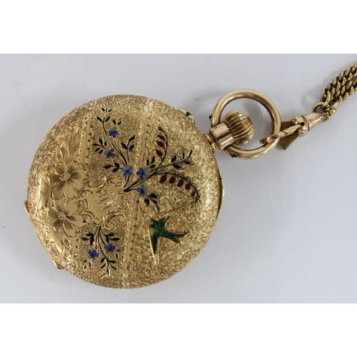 32 - Lady's 14 carat gold cased fob watch by JG Graves of Sheffield on a gold plated chain