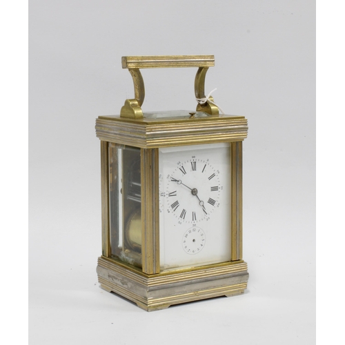 434 - Brass cased alarm carriage clock, striking on double gongs, 20cm high, including handle