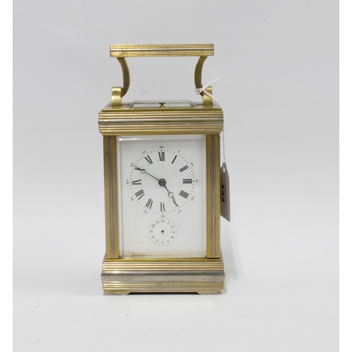 434 - Brass cased alarm carriage clock, striking on double gongs, 20cm high, including handle