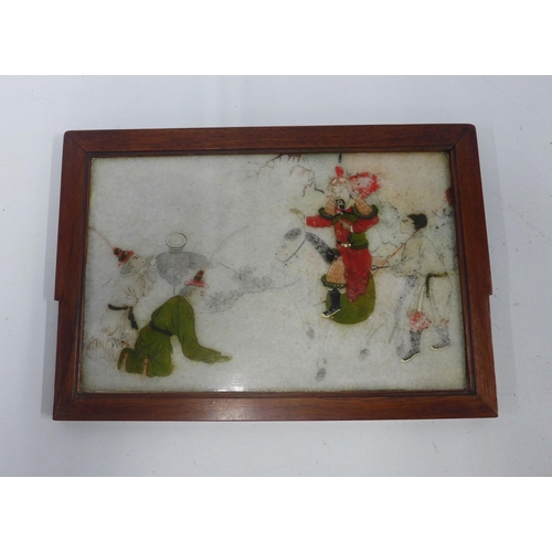 446 - Enamelled marble plaque within a chinoiserie wooden frame, 23 x 16cm.