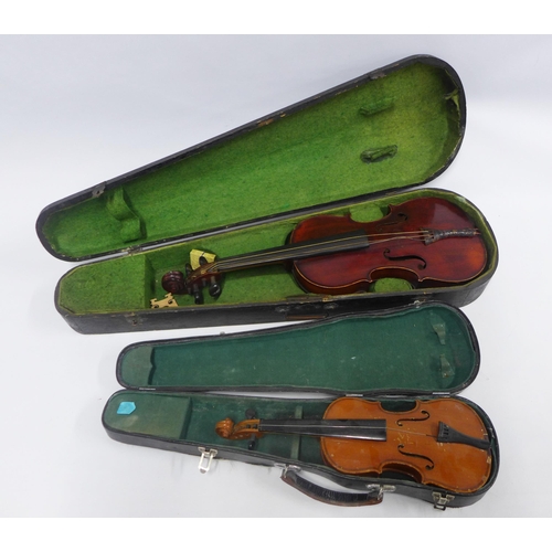 448 - A full size violin, 60cm long  and a child's violin 40cm long, both with their hard carry cases (2)