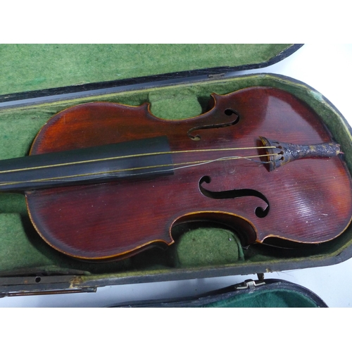 448 - A full size violin, 60cm long  and a child's violin 40cm long, both with their hard carry cases (2)