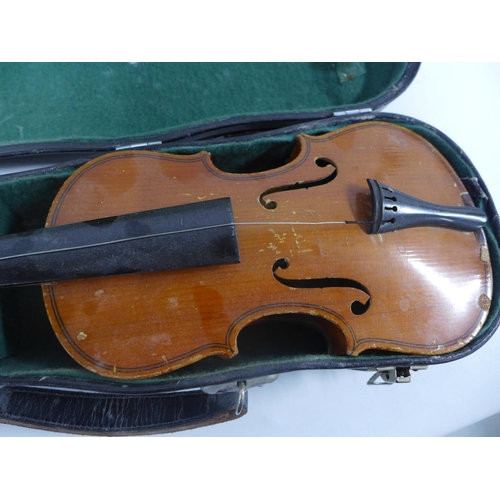 448 - A full size violin, 60cm long  and a child's violin 40cm long, both with their hard carry cases (2)