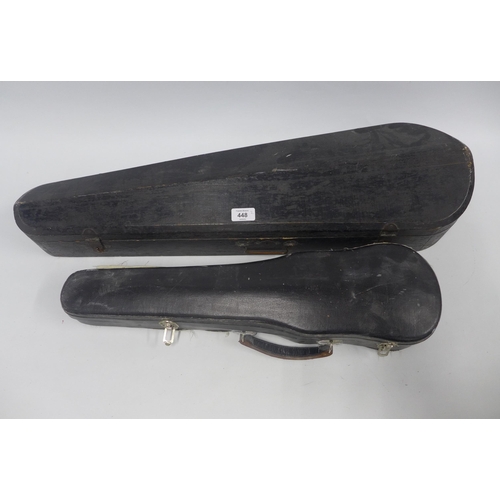 448 - A full size violin, 60cm long  and a child's violin 40cm long, both with their hard carry cases (2)