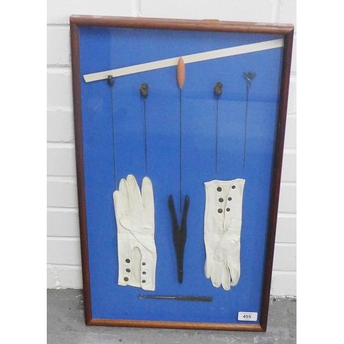 455 - Showcase framed containing a selection of Edwardian hat pins, kid leather gloves, button hook and gl... 