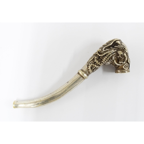 50 - Chinese cast white metal opium pipe with dragon and phoenix pattern, two incised character marks, 10... 