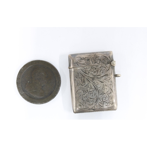 52 - Silver vesta case, Birmingham 1938 and a George III copper coin (2)