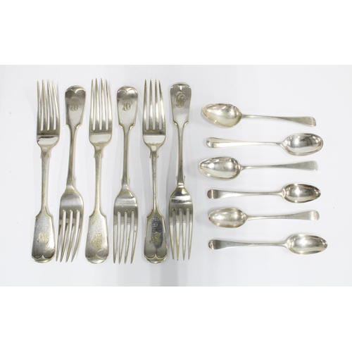 9 - Five various silver teaspoons, an epns teaspoon and a set of six mappin & Webb silver plated table f... 