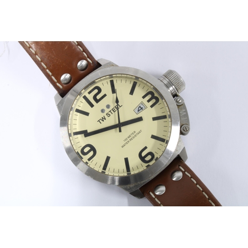 1 - Two Gents TW Steel wristwatches, one with a brown leather strap and the other with an orange leather... 
