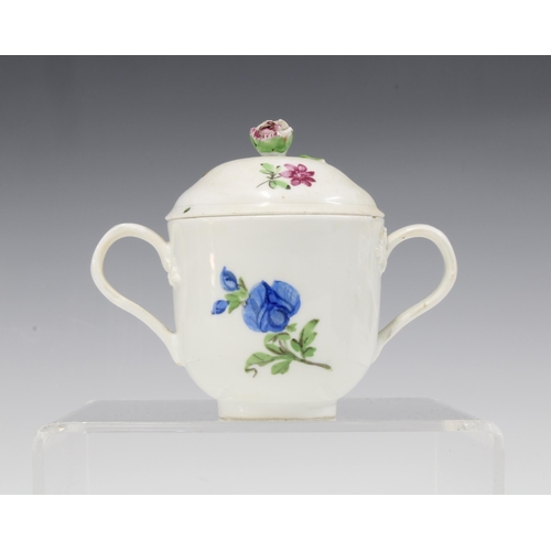 107 - 18th century Meissen chocolate cup and cover with blue crossed swords marks, (2) 8 x 10cm.