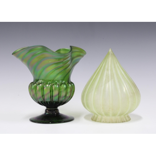 114 - An early 20th century  iridescent green glass vase together with a small glass shade (2) 15 x 16cm.