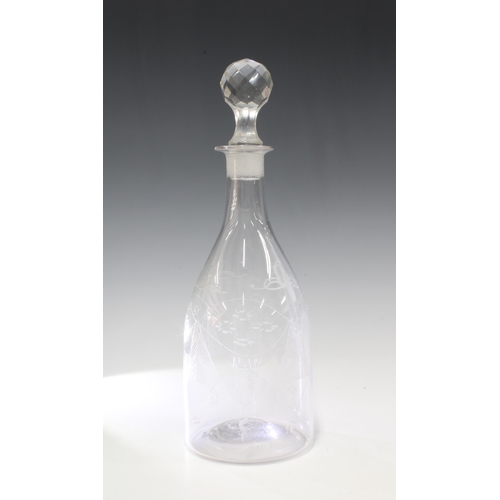 115 - 19th century etched glass decanter with associated stopper, 30cm.