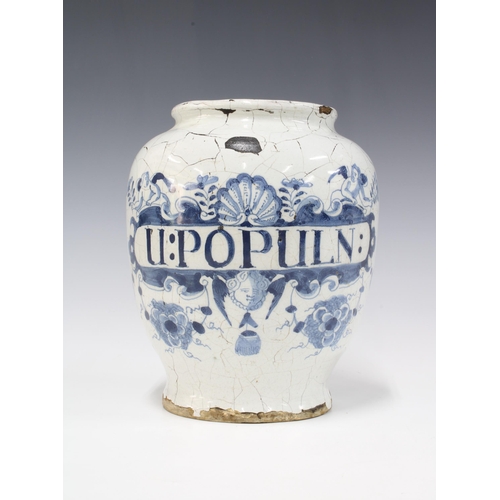 117 - Early 18th Delft dry jug jar, probably English, inscribed U: POPULN: painted in blue with angels and...