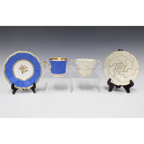 119 - 18th century English chocolate cup and saucer, white glazed with  scrolling gilt pattern in the mann... 