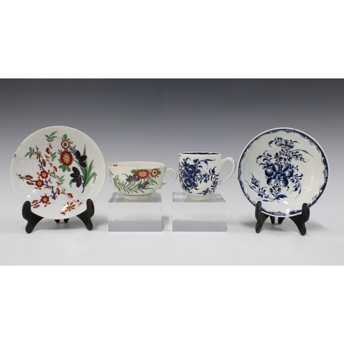 121 - 18th century Worcester kakiemon cup and saucer with blue hatched backstamp, circa 1765 together with... 