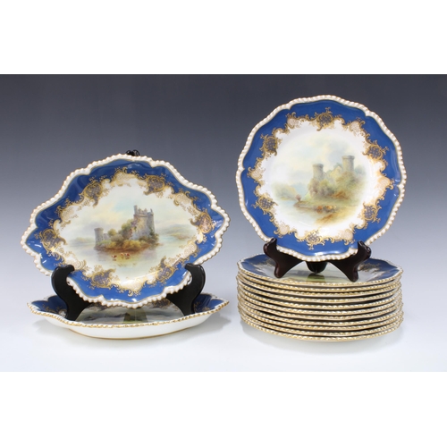 129 - Royal Worcester dessert service, each item handpainted by John Stinton Junior with castle and cattle... 