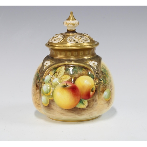 133 - Royal Worcester pot pourri jar and cover, handpainted with fruit and signed Roberts,  12 x 9cm.