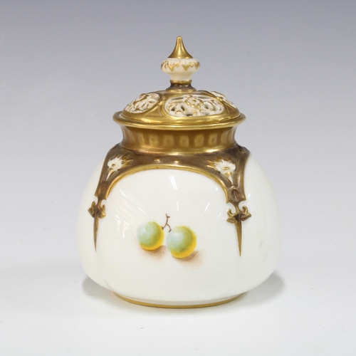 133 - Royal Worcester pot pourri jar and cover, handpainted with fruit and signed Roberts,  12 x 9cm.