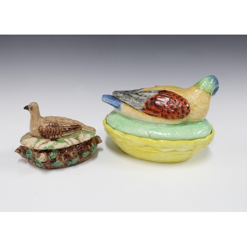 138 - Large Staffordshire duck and duckling tureen (with damages) and a majolica partridge on nest tureen ... 