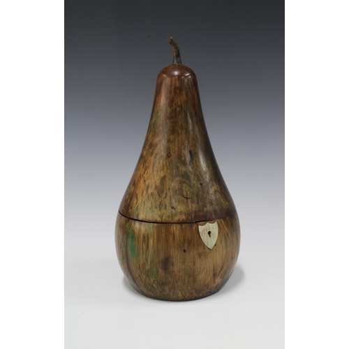 139 - A large fruitwood pear shaped caddy with faux ivory escutcheon, 31cm.