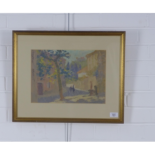 151 - Village street scene with figures, gouache on paper, framed under glass, apparently unsigned but ins... 