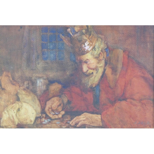 154 - A.M.B Guthrie, King counting his coin, watercolour. under glass within a gilt frame, 41 x 53cm