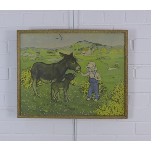 158 - Feeding the Donkeys; a coloured print by Muriel Dawson, framed under glass, 60 x 47cm overall