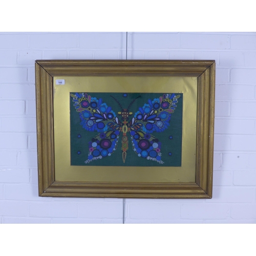 166 - Butterfly, a framed textile worked in coloured woollen threads, framed under glass, size overall 76 ... 