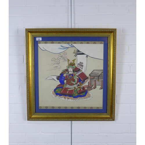 169 - Japanese Warrior, painting on textile, framed under glass, size overall 66 x 66cm