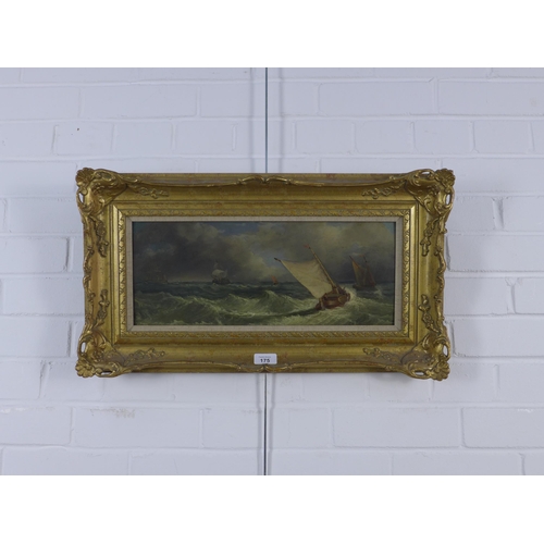 175 - 19th Century School, oil on panel of shipping off the coast, apparently unsigned, in a moulded git f... 