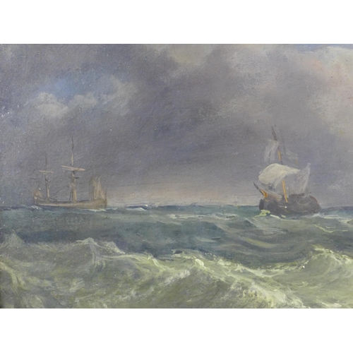 175 - 19th Century School, oil on panel of shipping off the coast, apparently unsigned, in a moulded git f... 