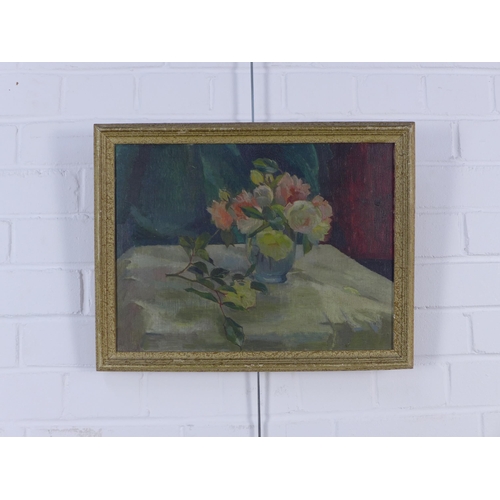 176 - British School, still life vase of roses, oil on canvas, signed indistinctly, framed, 40 x 30cm