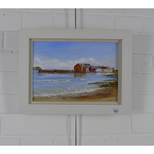 181 - Contemporary School, oil on board of coastal village, signed Cowan, framed, 28 x 20cm