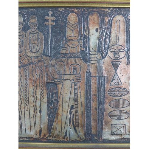 190 - Ono Brakpeya, 1980's pressed metal panel, signed and framed, 92 x 36cm