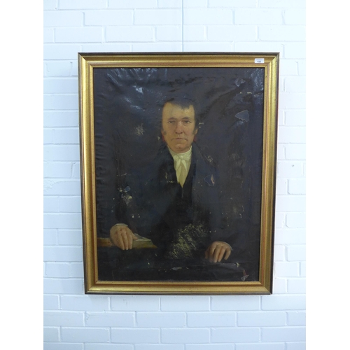 195 - Half length portrait of aa gent, oil on canvas, apparently unsigned, framed (a/f) 70 x 90cm