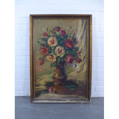 196 - European School, still life oil on canvas - a vase of roses, signed indistinctly and framed, 60 x 90... 