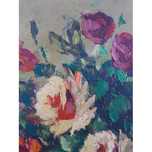 196 - European School, still life oil on canvas - a vase of roses, signed indistinctly and framed, 60 x 90... 