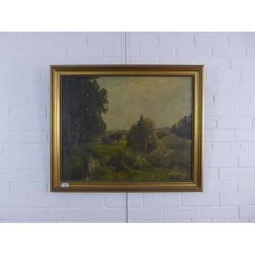 198 - Manner of George Smith, a summer harvest oil on canvas, apparently unsigned, giltwood frame, 75 x 60... 