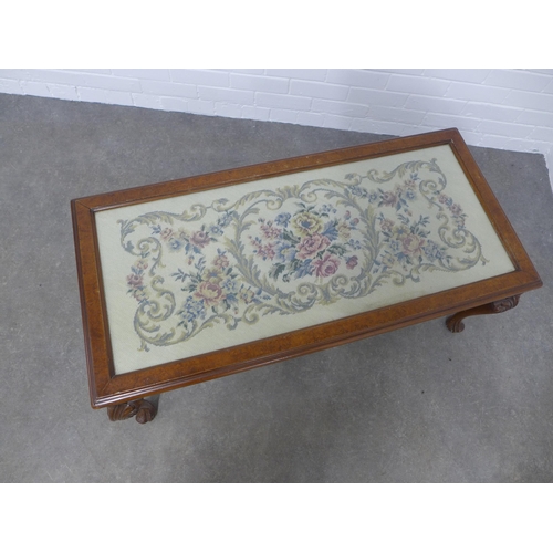 207 - Walnut coffee table with glass top, raised on shell carved cabriole legs, 110 x 45 x 52cm.